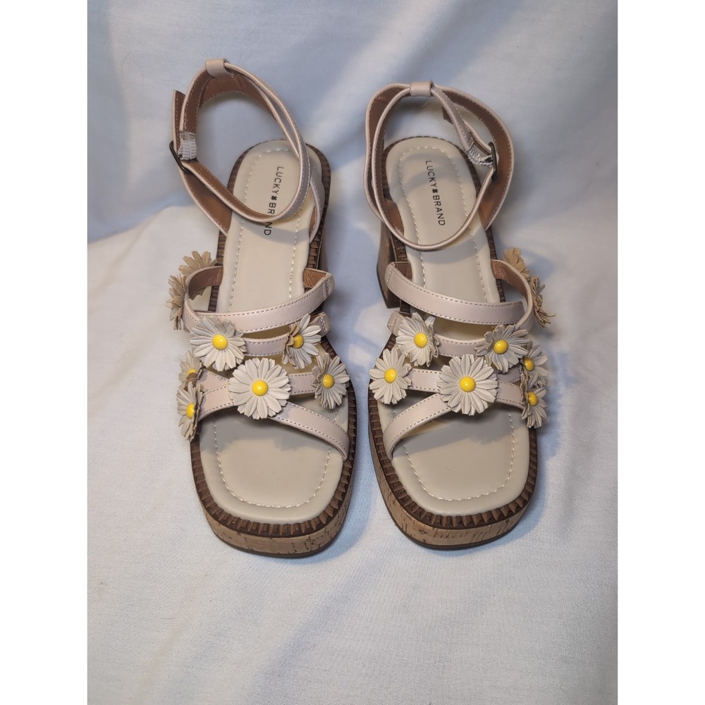 Lucky Brand Women's Taiza Daisy Platform Sandals Size 9.5M  Beige Leather